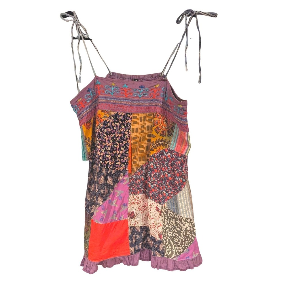Sacred Threads Patchwork Cami Top Size M Purple Multicolor Boho Embroidered Tie